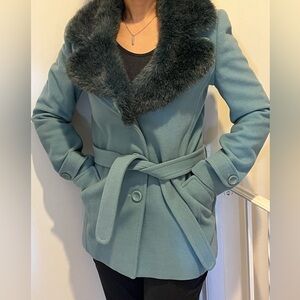Women's Teal Faux Fur Collar Coat